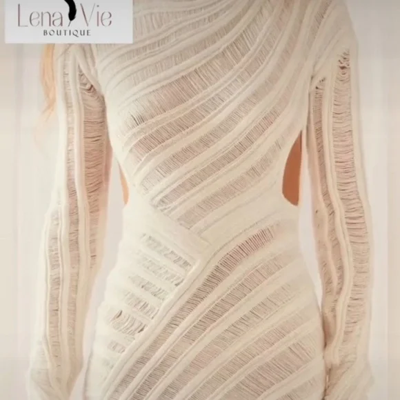 Powder Line Knit Long Sleeve Faux Wrap Cutout Sweater Mini Dress, High Neckline - Picture 7 of 8